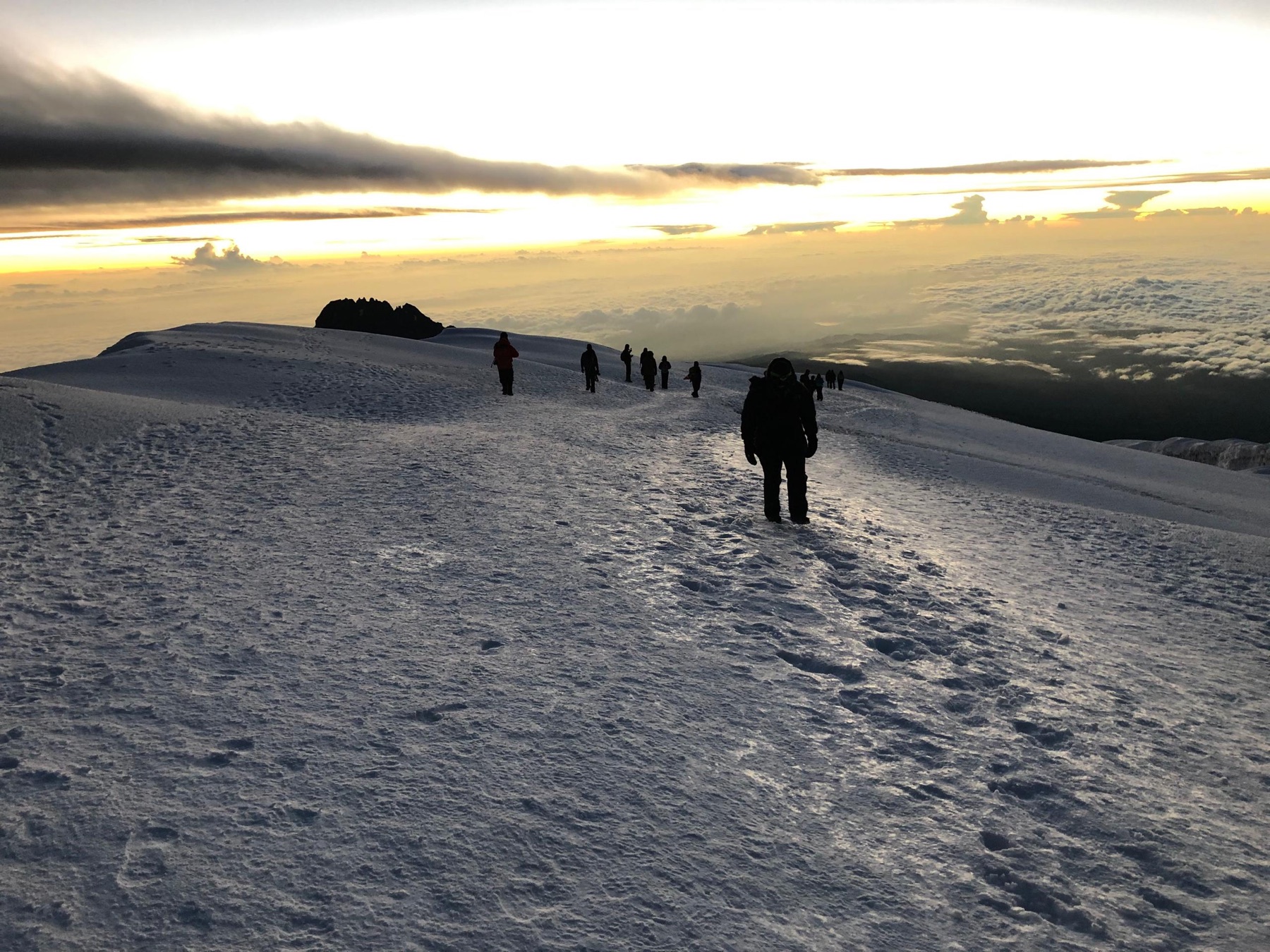 Snow-capped Mount Kilimanjaro rising above the acacia-dotted savanna at dawn